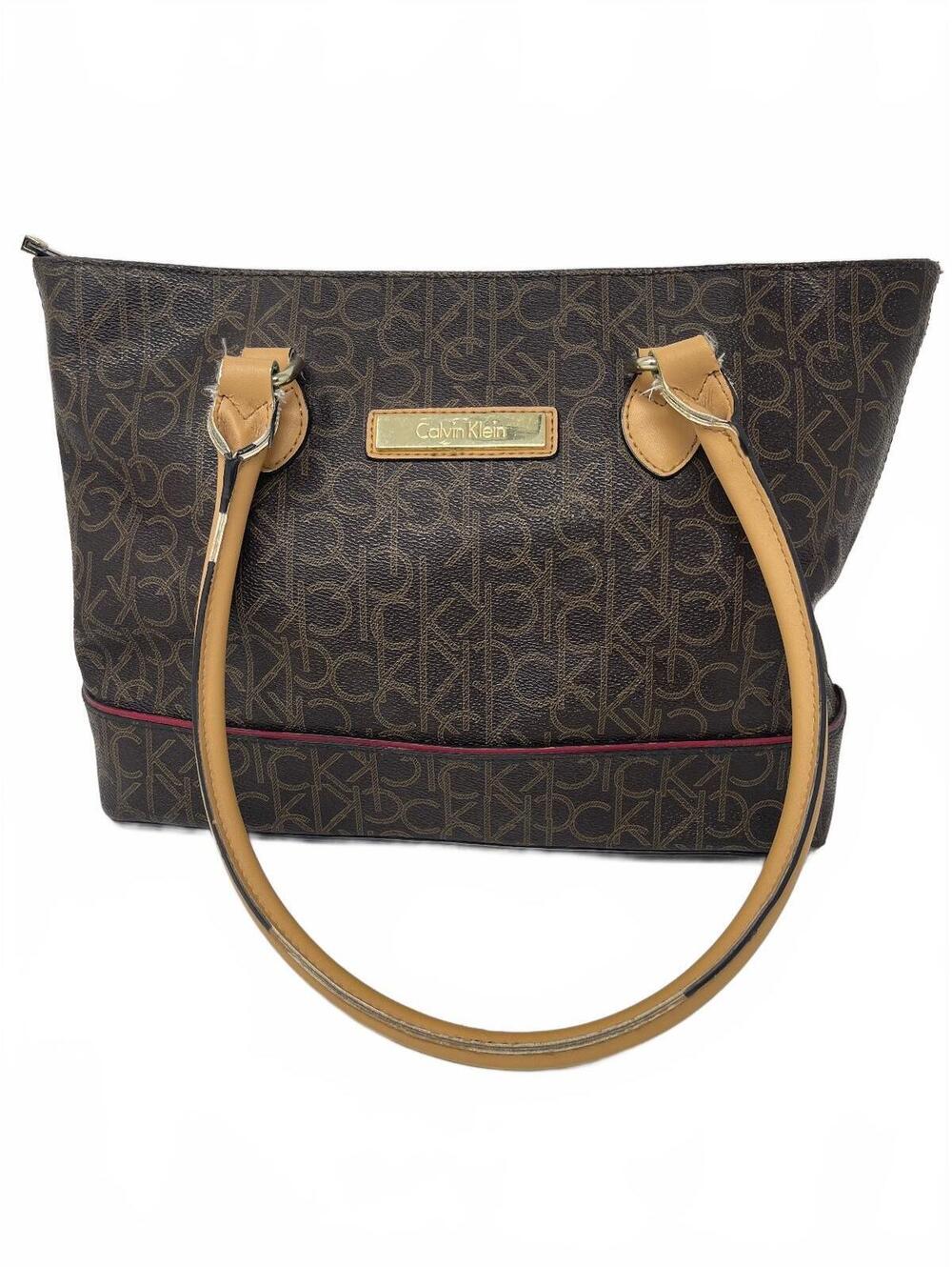 Calvin Klein Tote Handbag Brown Monogram CK Logo Plaque Shoulder Bag Tan Trim